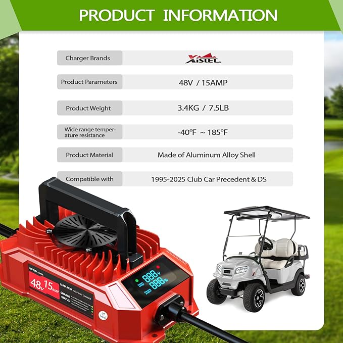 Golf Cart Charger 48 Volt Club Car with LED Visual Charging Display, IP67 15A Golf Cart Battery Charger for Club Car Precedent & DS Lead Acid Battery, 3-Pin Round Plug Cable, Club Car Accessories, Red