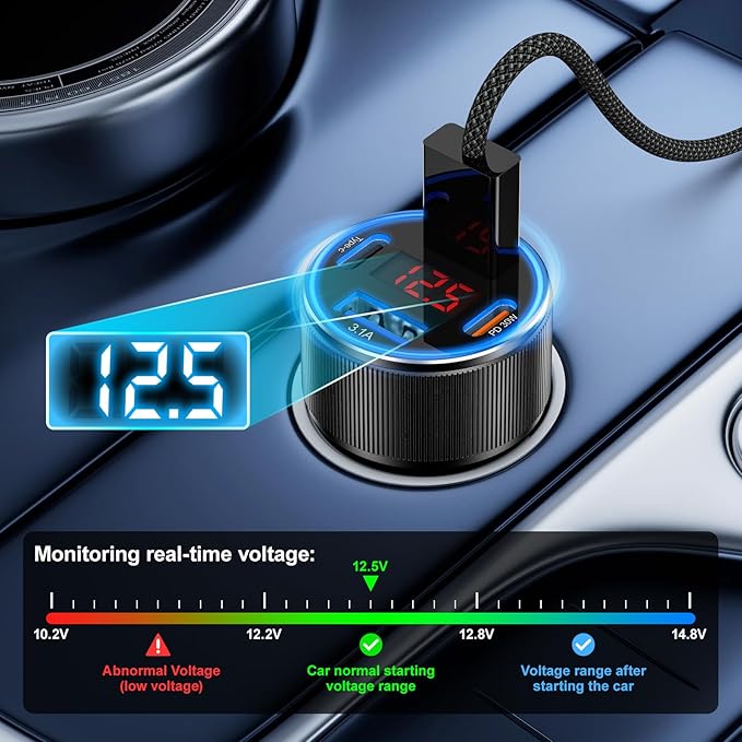 Car Charger USB C, Besgoods 4 Ports Cigarette Lighter USB Charger USB C Car Adapter PD/QC Fast Charging with Voltmeter for iPhone 16 15 14 13 12 Galaxy S24 S23 A54 A15 Android Dash Cam, 2Pack