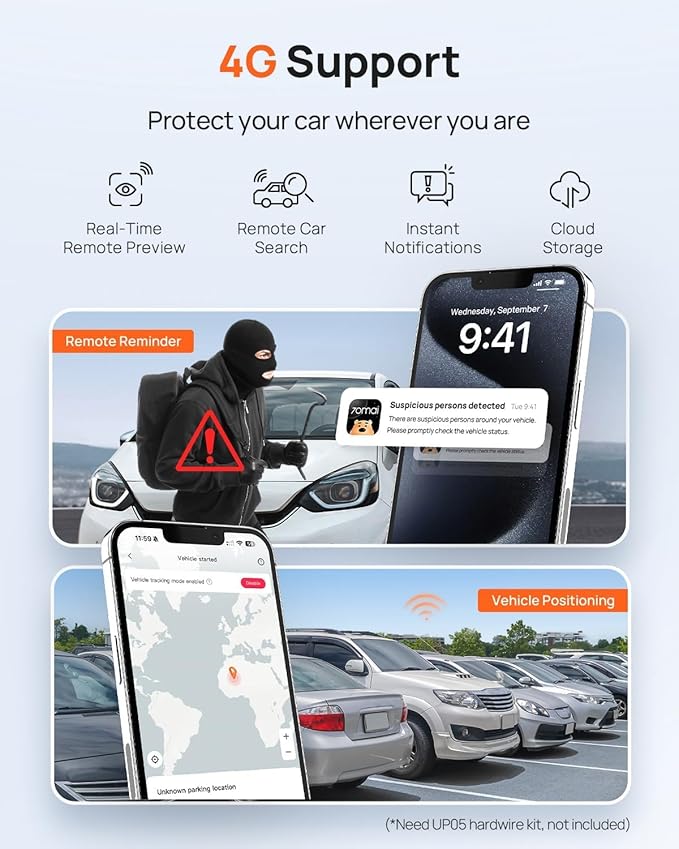 70mai A810 4K Dash Cam Front and Rear, Dual Dash Camera for Cars with Starvis 2 HDR Night Vision, 4G LTE Support, ADAS, Built in GPS & WiFi, 24/7 Parking Mode, AI Motion Detection, Time-Lapse