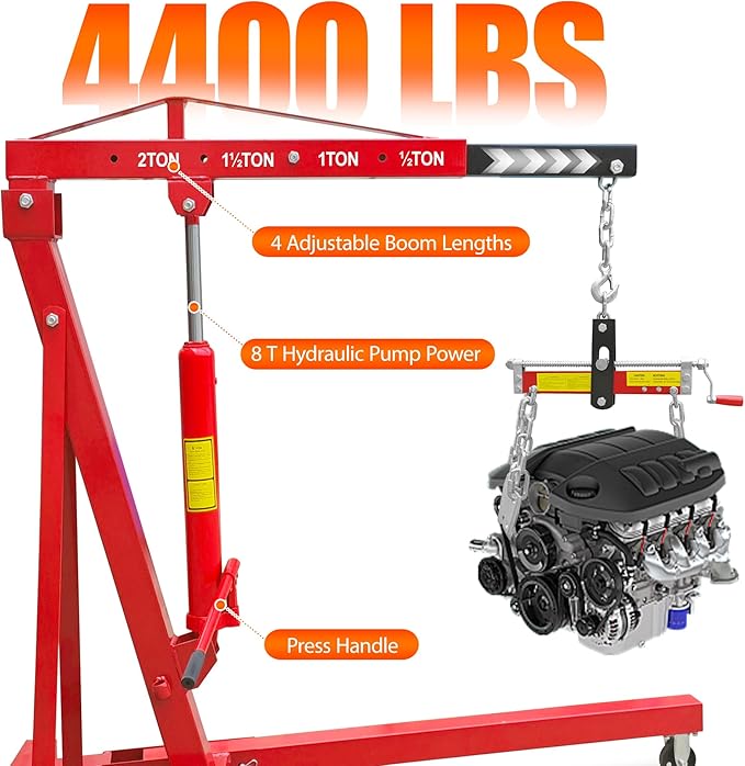 2 Ton Folding Hydraulic Engine Hoist with Leveler, 4000 LBS Heavy Duty Steel Shop Crane Lift with Adjustable Boom and 6 Caster Wheels, Portable Cherry Picker Motor Hoist for Garage, Workshop