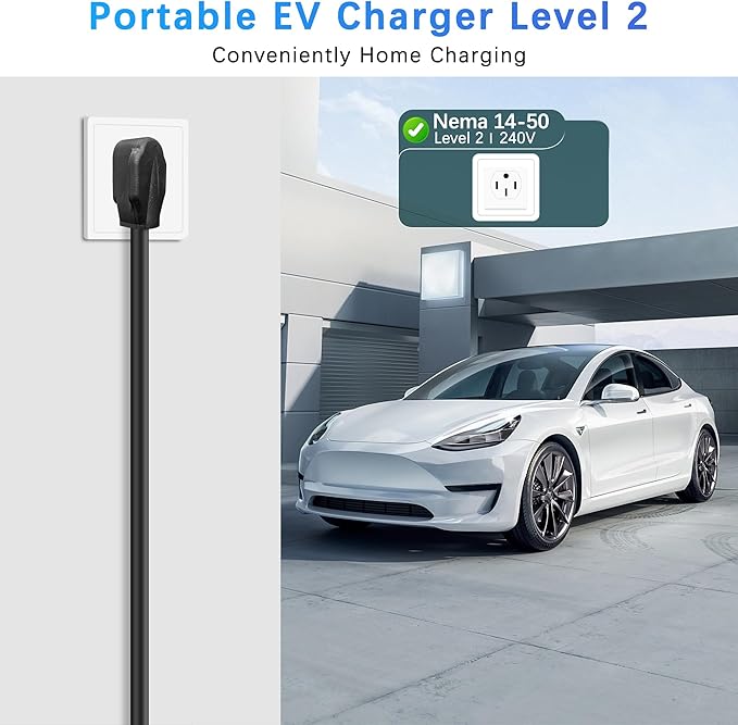 Level 2 EV Charger, 32 Amp, Portable Charger for Home and J1772, 25ft Cable, 240V, Charging Stations with LED Display, NEMA14-50 Plug, Current Adjustable.(Tesla Need Adapter)