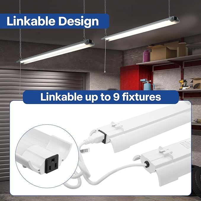 4-Pack 4ft Linkable Led Shop Light, Plug in Garage Lighting with Power Cord and Pull Chain, 7000lm Garage Ceiling Lights, Workshop Led Hanging Lights for Basements, Warehouses, ETL Listed