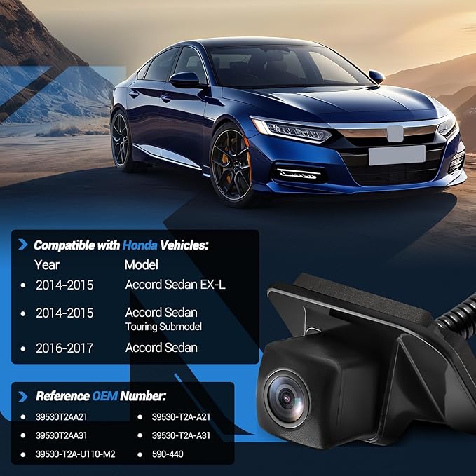 Backup Camera Rear View Camera Compatible with 2014-2017 Honda Accord Sedan EX-L/Touring 170° Wide Angle HD Night Vision, Replaces OEM 39530-T2A-A21 39530-T2A-A31 590-440