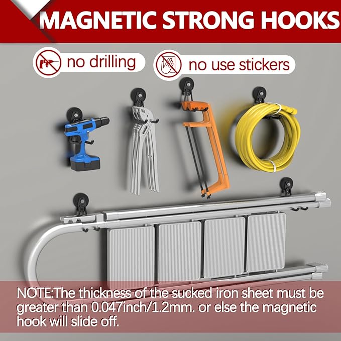 3-H Heavy Duty Magnet Garage Hooks 4 Pack, Extra Large Strong Magnetic Hooks for Hanging Cordless Power Drill, Utility Magnetic Tool Holder for Metal Cabinet, Steel Pegboard, Toolbox, Garage(Black)