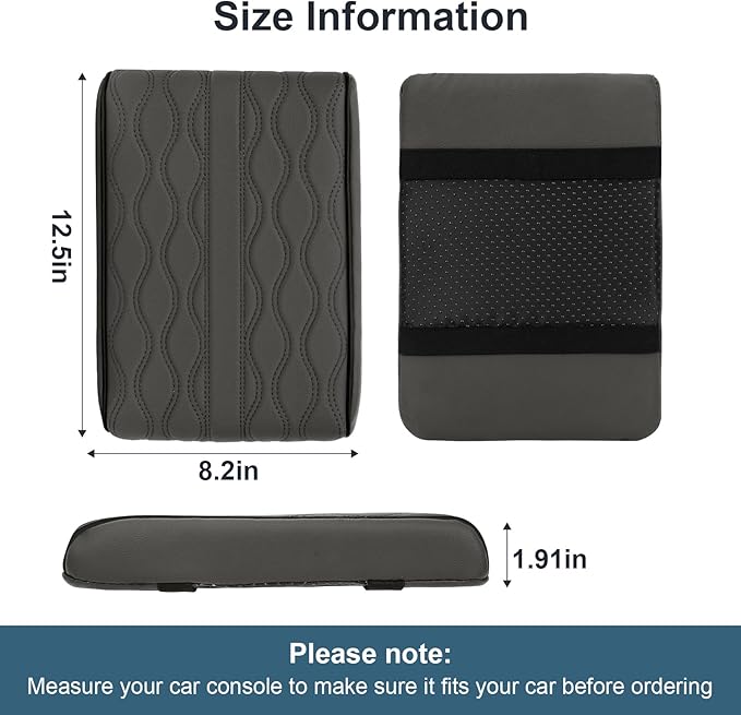 Memory Foam Car Armrest Cushion - Premium Leather Armrest Cover for Car, Comfortable Protection, Universal Fit Center Console Cover for Car, SUV, Sedan, Easy Installation (Gray)