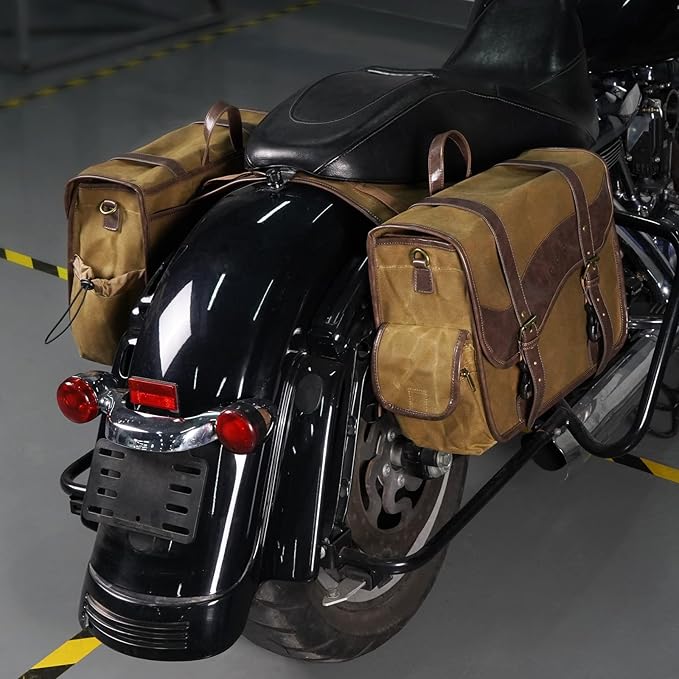 NICECNC Motorcycle Saddle Bags, Vintage Oil Waxed Canvas Motorcycle Saddlebags, Motorcycle Panniers Side Throw Over Saddle Bags Compatible with Harley Honda Suzuki Yamaha Adventure Street Glide Brown