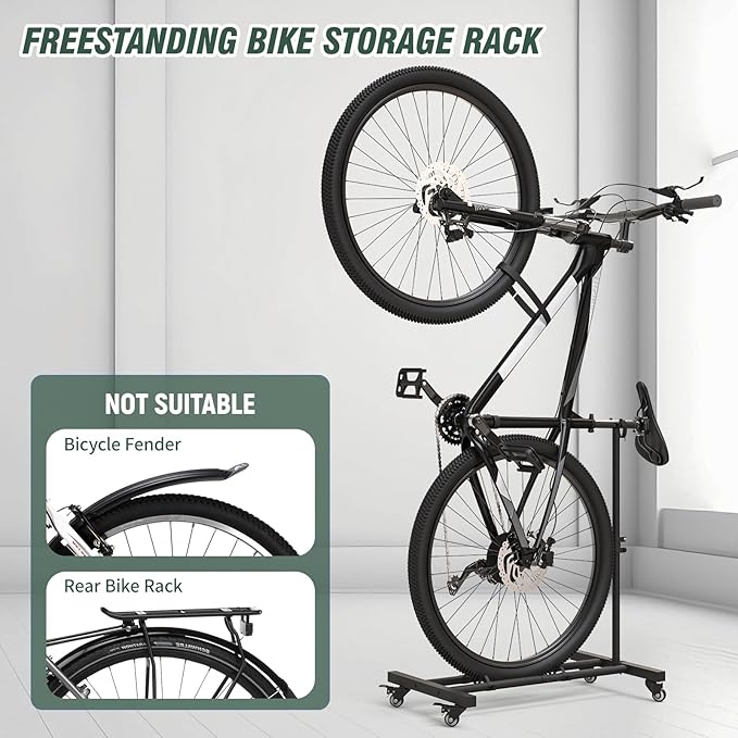 Vertical Bike Stand, Upright Bike Parking Rack Floor, Adjustable Bicycle Storage for Wheels Sizes up to 29", Freestanding Bicycle Organizer with Swivel Casters, Indoor Bike Holder for Garage Apartment