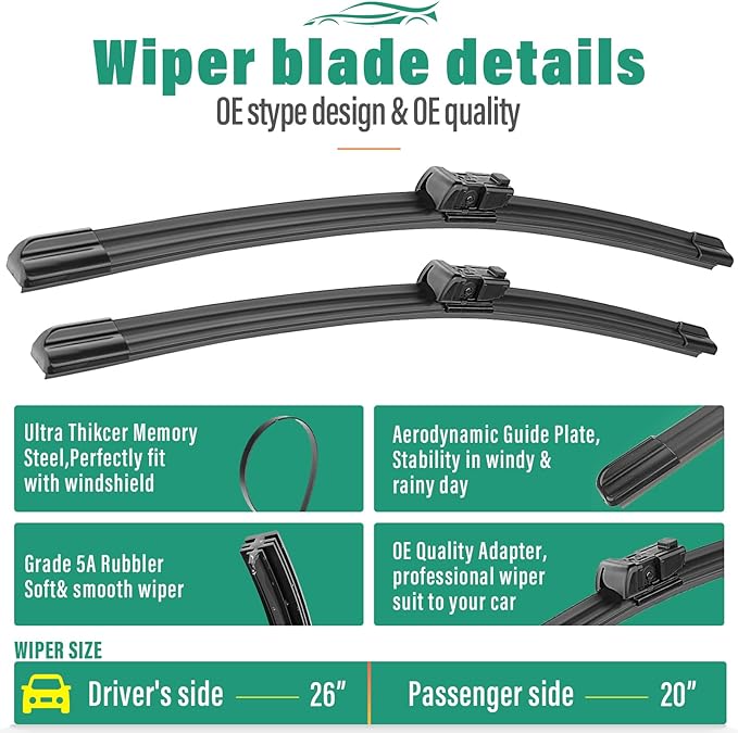 26" 20" 14" Windshield Wiper Blades Replacement for Volvo XC60 2012 2013 2014 2015 2016 2017 Premium All Weather Front Rear Wipers Set - OEM Quality (Pack of 3)