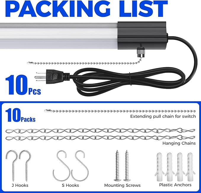 Barrina BS84 LED Shop Lights for Workshop 4FT, 84W, 10000LM, 5000K Utility Shop Lights, Pull Chain ON/Off, Hanging or Flush Mount, ETL, 10 Packs