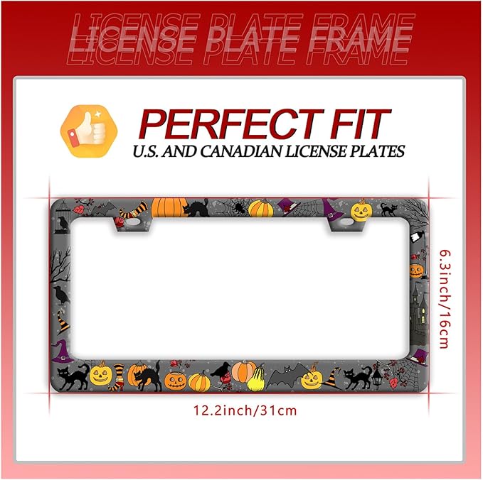 Halloween Pumpkin Cat License Plate Frame Bat Spider License Plate Holder Funny Stainless Steel Accessories Cars Decor with 2 Holes and Screws Fits Standard Us Ca Vehicles 12.2 X 6 Inch