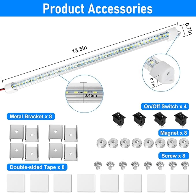Linkstyle 4PCS 12V Interior LED Light Bar, Super Bright 6500K 12V LED Light Strip Lights with Switch, 48 LEDs 700LM Enclosed Trailer Lamp for Car Truck Camper Van RV, White