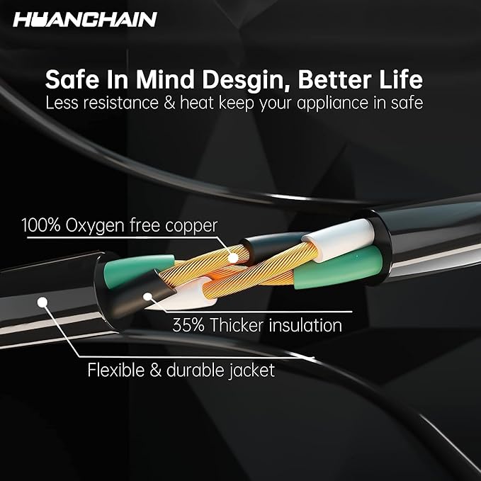 HUANCHAIN Indoor Outdoor Black Extension Cord 25 ft 2 Pack Waterproof, 16/3 Gauge Flexible Cold-Resistant Appliance Cable Outside, 13A 1625W 16AWG SJTW, 3 Prong Heavy Duty Electric Cord, ETL