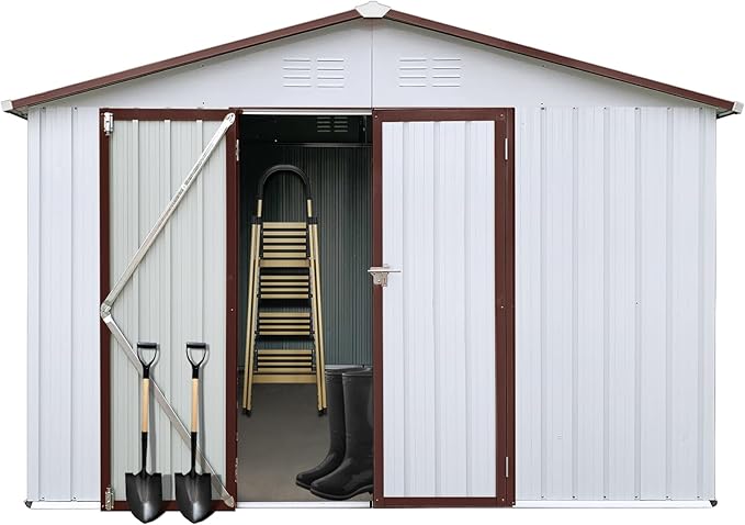 12 x 10 FT Metal Garden Shed, Outdoor Storage Shed with Heavy-Duty Steel Construction, Built-in Punched Vents & Hinged Door, Free Padlock for Secure Backyard, Patio & Garage Storage, White + Coffee