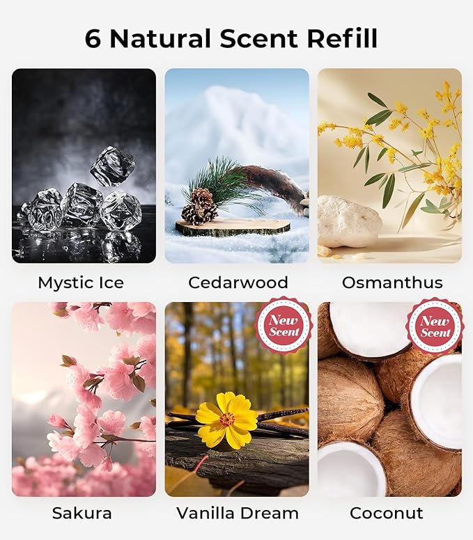 Smart Car Air Fresheners, Ambient Light & Mist Fragrance, Auto On/Off Car Air Freshener Diffuser, Adjustable Intensity, Lasts 6 Months, Built-in Battery, Premium Scents Refill X2 - Cedarwood