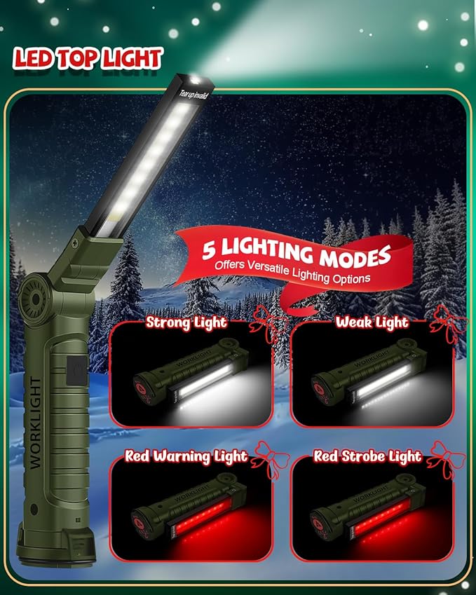 Coquimbo Tool Gifts for Men Him, Rechargeable LED Work Light Grill Light with Magnetic Base and Hook 5 Modes 360° Rotate Mechanic Light Birthday Gifts for Dad Husband Men (2 Pack Green)