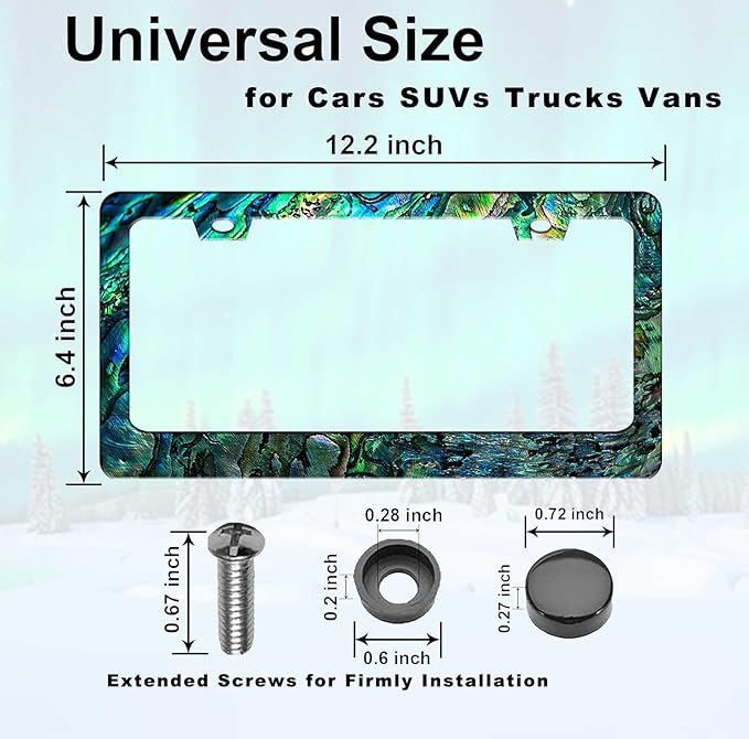 Universal License Plate Frame - Heavy Duty Rustproof Aluminum Matte Black Car Tag Holder Bracket Fits All US States, Easy Install with Screws Included (Faux Abalone-2pc)