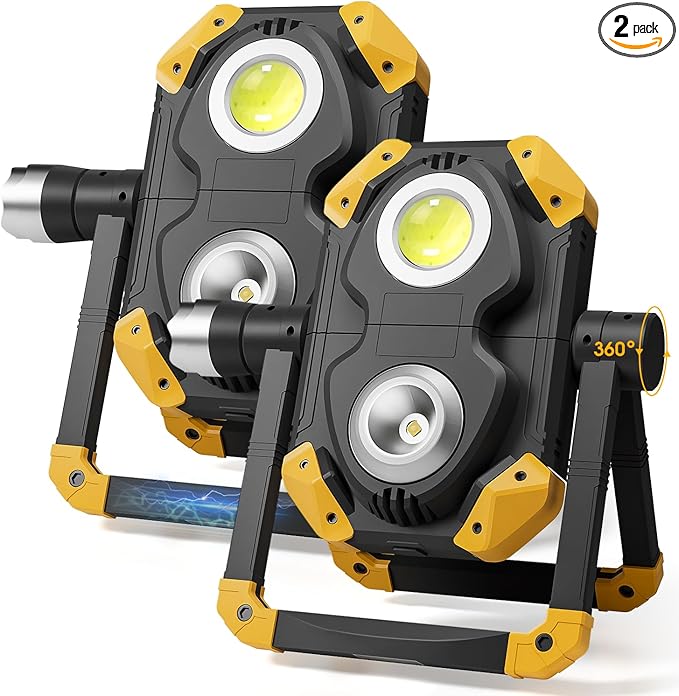 Samyoung 2 Pack Magnetic 2500 LM LED Work Light, 10 Hours Long Lasting 360°Rotating 7000K Warm Rechargeable Work Light Folding Waterproof for Job Site Car Inspection Camping Emergency