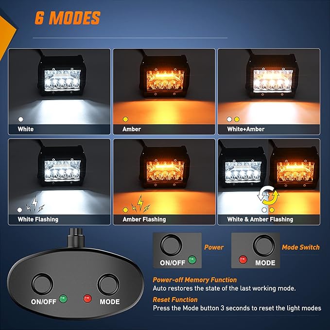 Nilight 2PCS 4Inch 60W LED Pods Spot Flood Amber White Light Bar Strobe 6 Modes Memory Function Off-Road Truck Car ATV SUV Cabin Boat with 16AWG Wiring Harness Kit-2 Lead, 2 Years Warranty