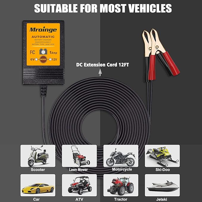 MBC016, 6V / 12V 1A Fully Automatic Trickle Battery Charger/Maintainer for Automotive Vehicle Motorcycle Lawn Mower ATV RV Powersport Boat, Sealed Deep-Cycle AGM Gel Cell Lead Acid Batteries