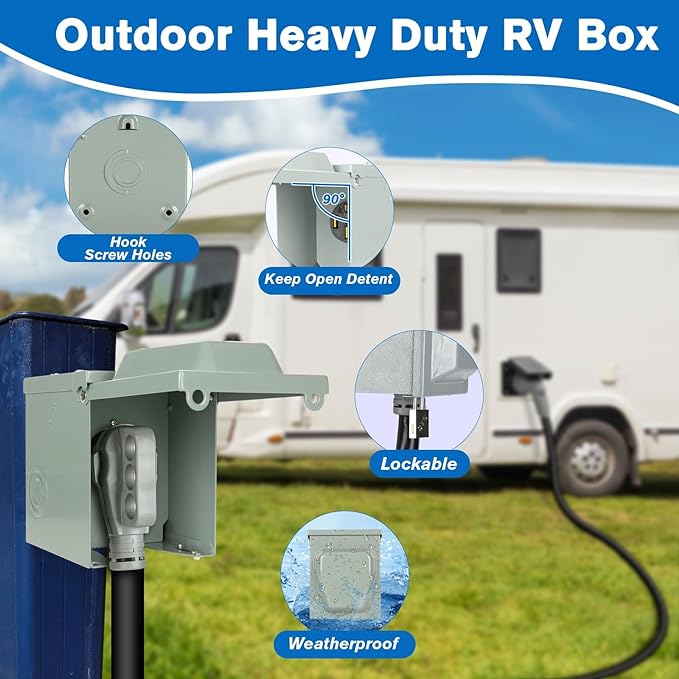 50 Amp RV Power Outlet Box, 125/250 Volt NEMA 14-50R Receptacle, Lockable Enclosed Outdoor Plug, Electrical Receptacle Panel, Weatherproof Temporary Hookup for RV Camper Car Travel Generator