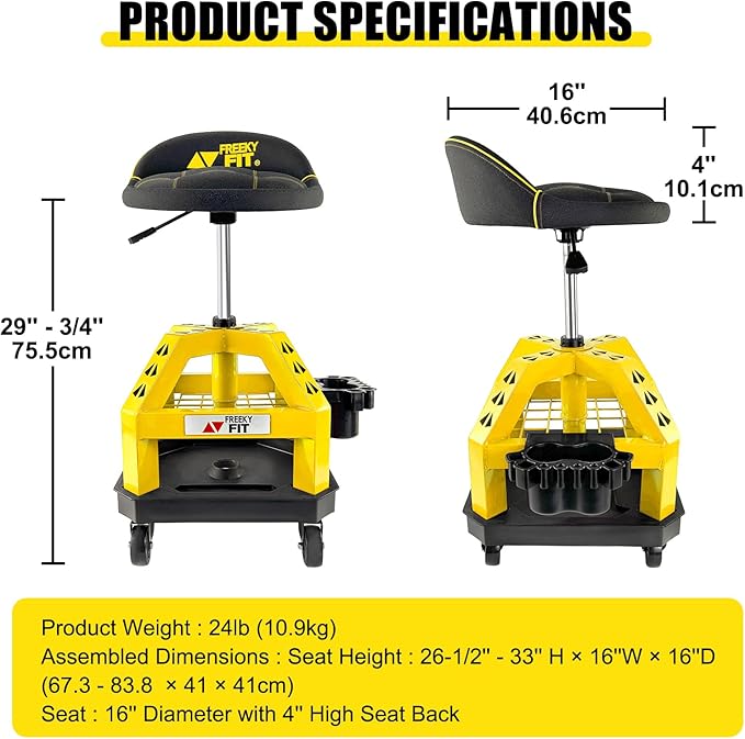 Rolling Shop Stool for Garage with Casters, DO02-Adjustable Height 360° Swivel Shop Seat with Tool Tray Storage, 330 LBS Capacity Padded Mechanic Stool, Yellow