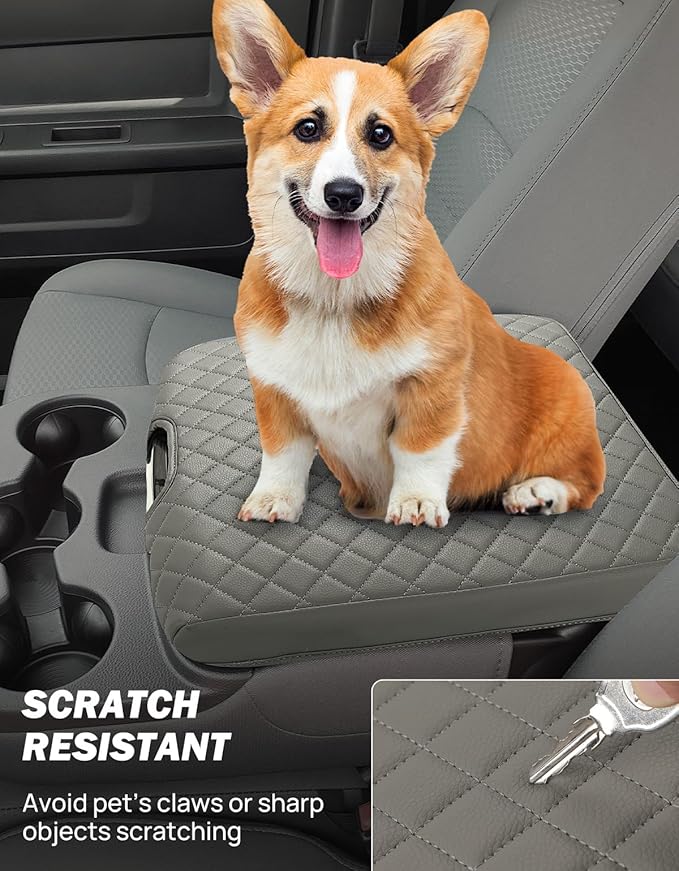 JOYTUTUS Center Console Cover Compatible with 2013-2018 Ram 1500 & 2013-2025 Ram 2500/3500/1500 Classic Model Jump Seat Console, Leather Arm Rest Covering for Car, Durable Middle Console Cover, Gray