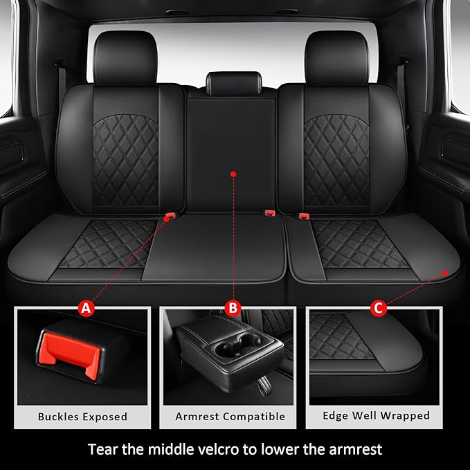 MIROZO Dodge Ram Seat Covers Full Set,5PCS Car Seat Cover Waterproof Fits for 2009-2025 Ram 1500 2500 3500 Crew Quad Regular Cab Pickup Cushions with Split Bench 40/60(Black,Full Set Flat Back)