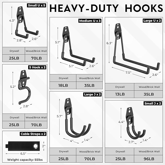 BONTEC Heavy Duty Garage Hooks, Anti-Slip Coated Black Steel with Strong Load Capacity, Multi-Sized U and J Hooks, Easy Wall Mount for Garage, Garden, Workshop (Black, 18 Pack)