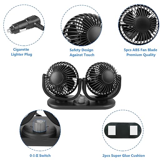 12V Car Fans Cooling Air Fan Powerful Dashboard Electric Dual Car Fan Cigarette Lighter Low Noise 360 Degree Rotatable for Truck Vehicle Boat Van SUV RV