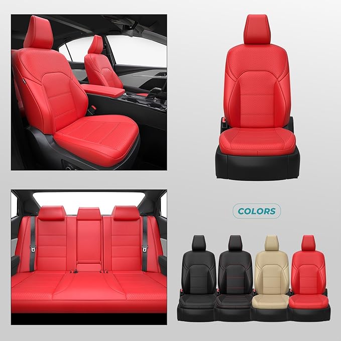 Leather Seat Covers for Toyota Camry 2025 LE SE Hybrid - Custom Fit Car Seat Cover Full Set, Luxury Waterproof Interior Accessories, Breathable Automotive Cushion Protectors, Red