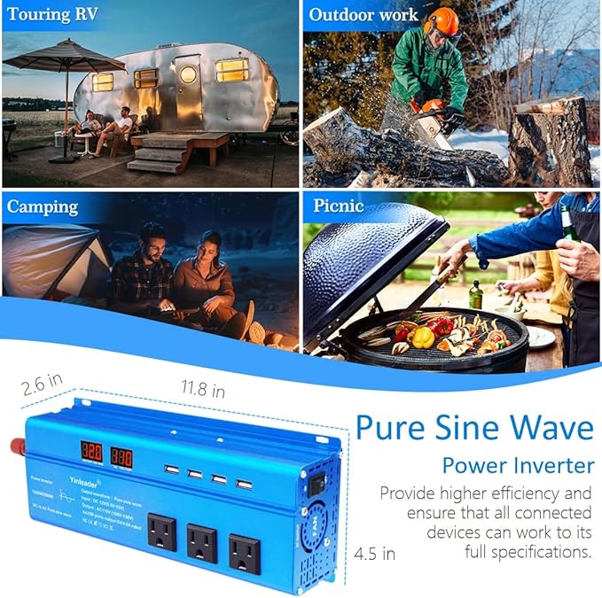 Yinleader 1000 Watt Pure Sine Wave Inverter 12V to 110V DC to AC Car Power Inverter for RV, Road Trip, Camping, Travel, 3 AC Outlets and 4 Built-in 5V/4.8A USB Ports, LCD Display, Blue