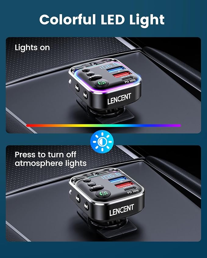 LENCENT Bluetooth 5.3 FM Transmitter Car Adapter 48W (PD30W & QC18W) Fast Charger, Light Switch, HiFi Bass Sound Audio Receiver Wireless Radio MP3 Music Player, Hands-Free Calling, Support USB Drive
