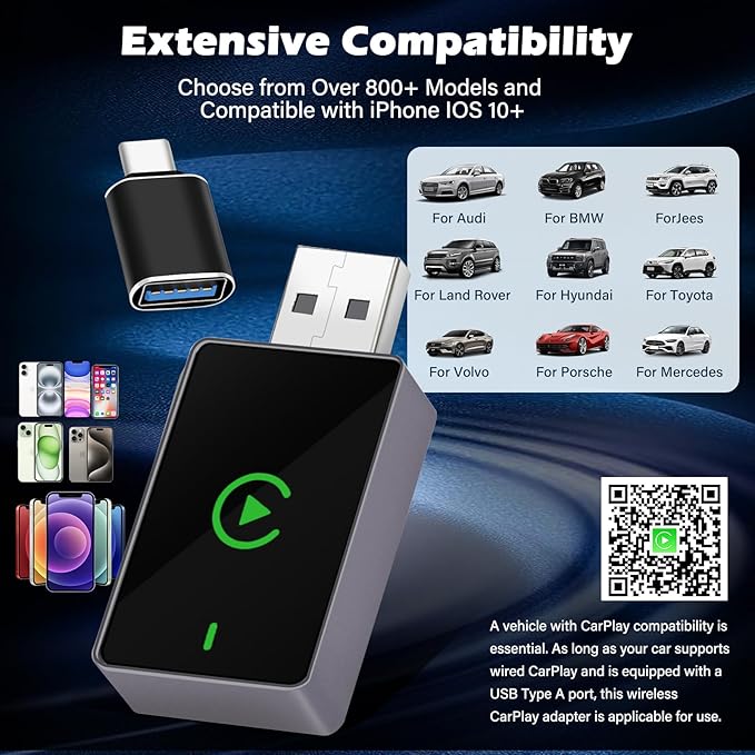 Wireless CarPlay Adapter for iPhone – Upgraded Version, Converts Wired CarPlay to Wireless, USB-C Port, Works with iOS 10+