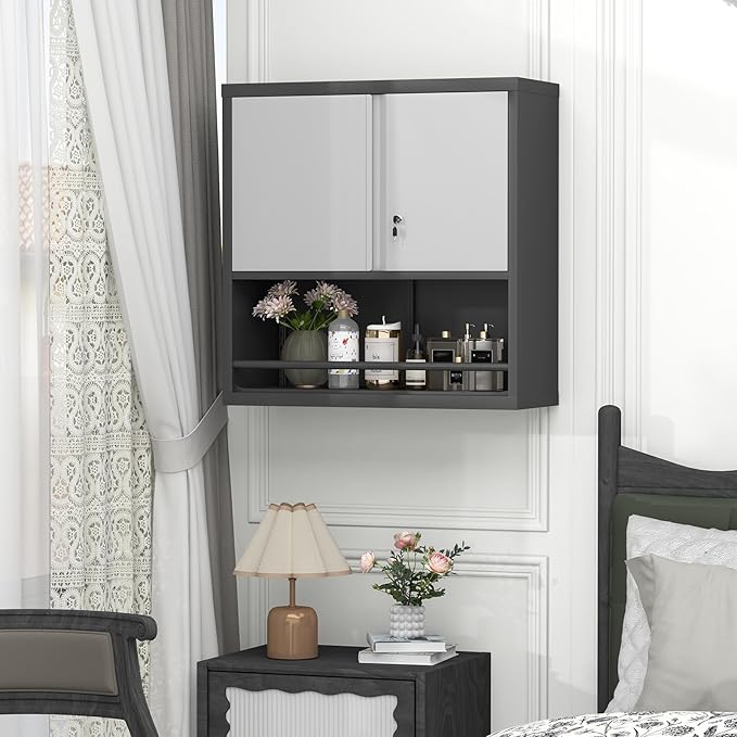 GREATMEET 31" H Metal Garage Storage Cabinets,Wall Cabinet Storage,Lockable Wall Mount Cabinet, Metal Wall Cabinet for Garage Office Utility Room, Black&Grey