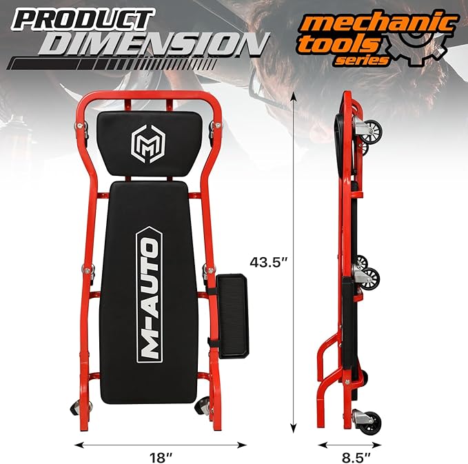M-AUTO Heavy-Duty Automotive Creeper with 3-leves Adjustable Headrest, 42.5" Padded Metal Frame Creeper with Tools Tray for Garage Shop, 6 Noiseless Casters 300LBS Capacity, Red