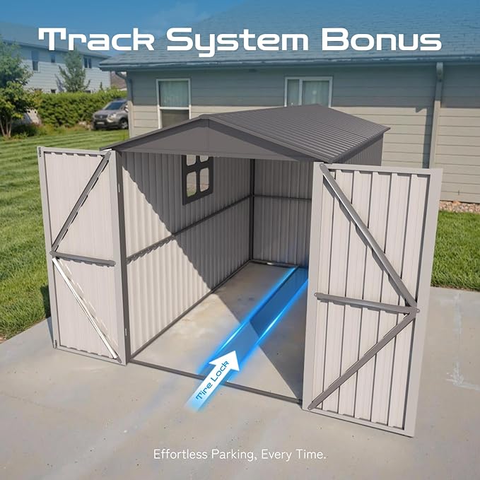 5’ x 10’ Motorcycle Storage Sheds, Metal Shelter & Garage with Windows and Lockable Door Handle, Heavy Duty Vehicle Shed for All Weather, Track System Included, Anthracite with White Trim