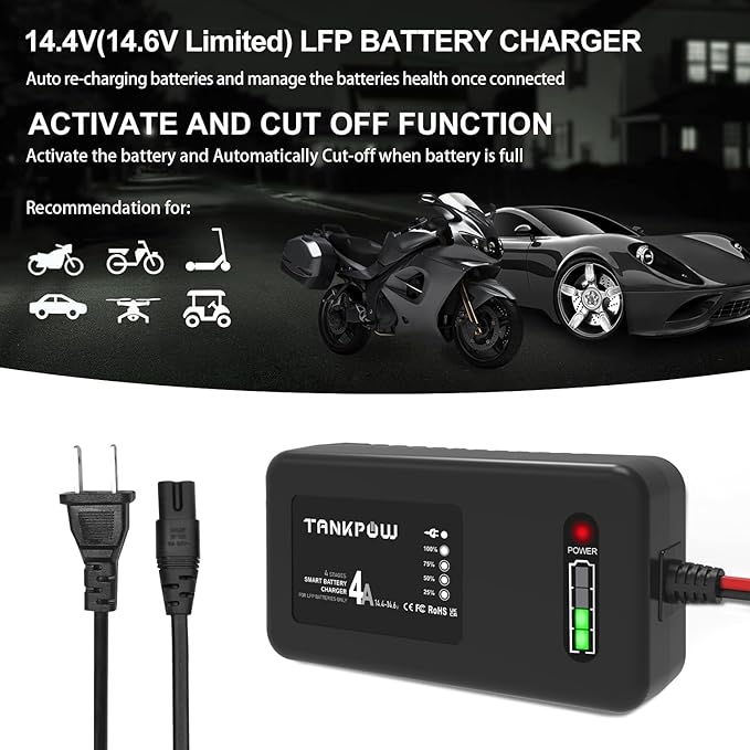 4-Amp LiFePO4 Battery Charger,14.6 Volt Lithium Battery Charger,Smart Charger for Cars,Motorcycles,Lawn Mowers,Toy Cars,Golf Carts,UAV,Fishing Boat,Lithium and Deep Cycle Batteries