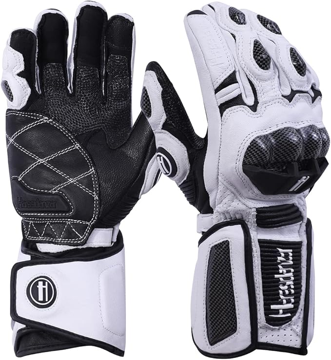 Harssidanzar Leather Motorcycle Gloves for Men and Women,Powersports Carbon Fiber Knuckle Protection Motorbike Gloves KM045