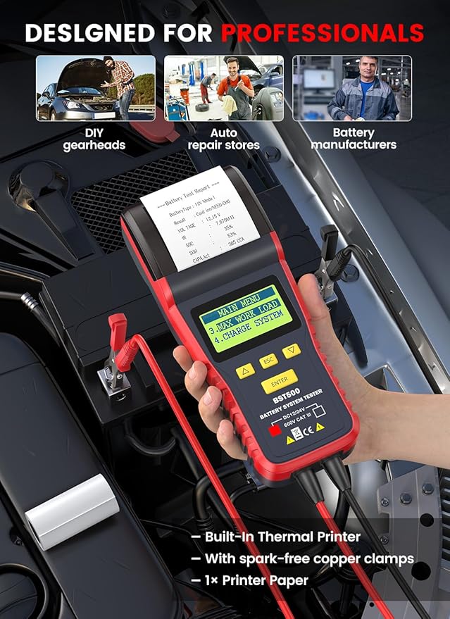ANCEL BST500 Car Battery Tester with Printer, 12v 24v Automotive Battery Load Tester, Cranking Charging System Analyzer, 99.99% Accuracy for Car Motorcycles Truck SUV ATV RV and More