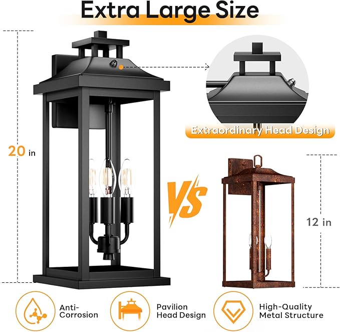 20" Large Dusk to Dawn Exterior Wall Light Fixture 3-Light, Black Outdoor Porch Lantern Wall Mounted, Waterproof Modern Outside Wall Sconce Garage Patio Coach Lamp for House, E12