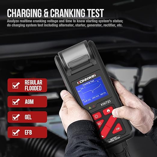 KONNWEI KW720 Car Battery Tester 6V 12V 24V W/Printer, Battery Load Tester Automotive 100-2000CCA Digital Auto Battery Analyzer Alternator Starter Tester for Car Truck Motorcycle(Paper Included)