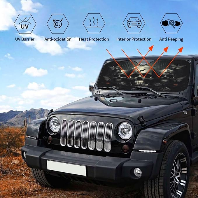 Skull Car Sun Shade Windshield Sunshade Foldable Front Window Shield Cover for Truck SUV