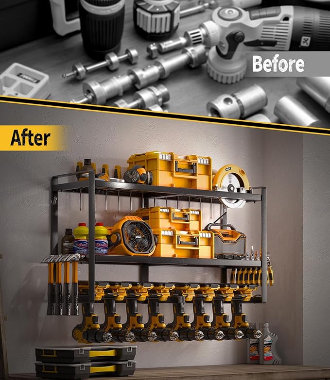 SOYEEZE Power Tool Organizer & Storage Wall Mount - Heavy Duty Metal 8 Drill Holder, 3 Layer Premium Garage Utility Power Tool Rack &Tool Shelf，Great as Gifts for Men Father's Day-Large-Black