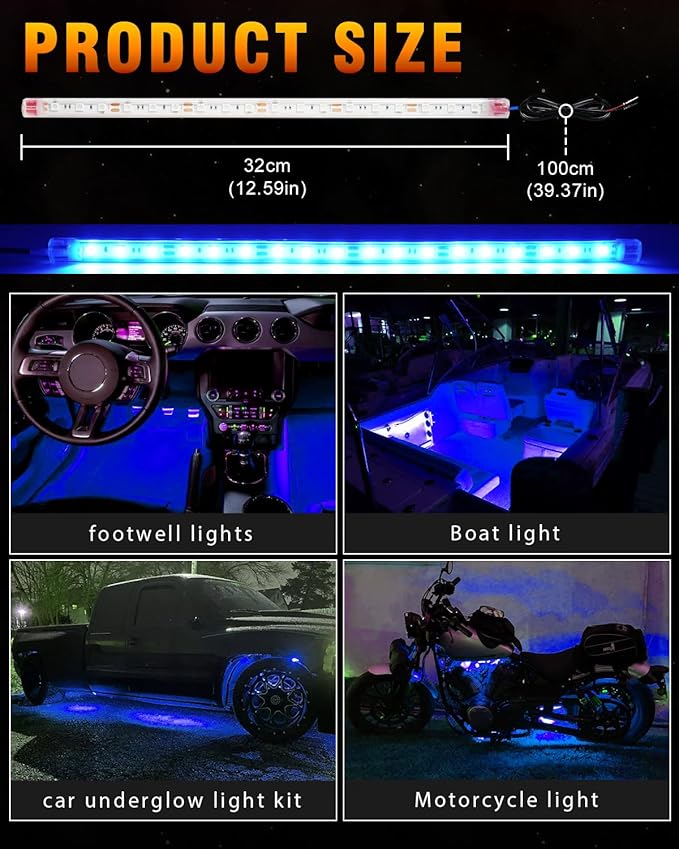 Qasim LED Strip Lights Car Boat Truck Interior Exterior Lighting, Waterproof Auto Front Grill Ambient Lighting, Golf Cart Motorcycles Underglow LED Light Blue 32CM 12V-Pack of 6