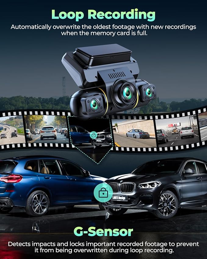 LAMTTO Dash Cam Front and Rear Inside with Hardwire Kit for 24h Security Parking Monitor, 360 Degree View 4 Channel 1080P Dash Camera for Cars Left Right, IR Night Vision Dashcam, Free 128GB Card
