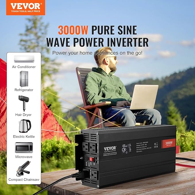 VEVOR Pure Sine Wave Inverter, 3000 Watt, DC 12V to AC 120V Power Inverter with 2 AC Outlets 2 USB Port 1 Type-C Port, LCD Display and Remote Controller for Large Home Appliances, CE FCC Certified