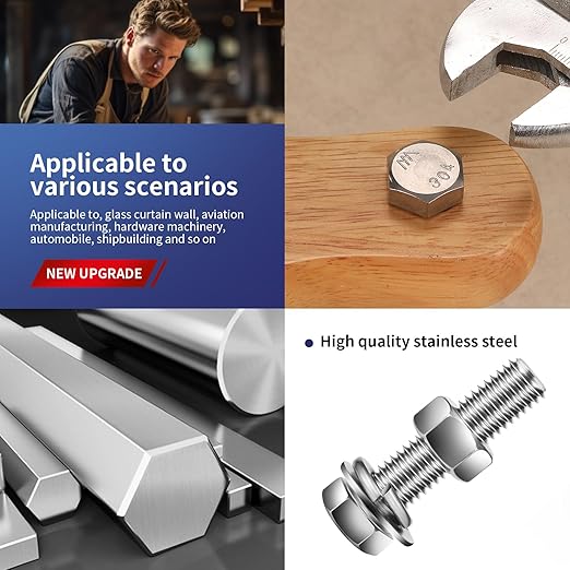 1/4-20 x 3/4" Hex Head Screw Bolt, Nuts, Flat & Lock Washers, 20Pcs 18-8 (304) Stainless Steel, Fully Threaded, by SG TZH