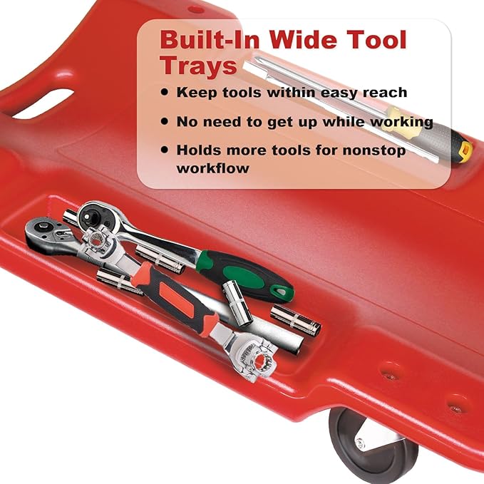 Mechanic Creeper - 40 Inch Rolling Garage Creeper with Padded Headrest and Dual Tool Trays - Low Profile Design for Under Car Repairs - Heavy-Duty Frame 500lb Capacity Red