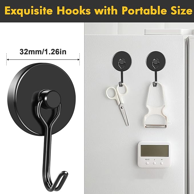 MIKEDE Magnetic Hooks, 110LB Heavy Duty Neodymium Black Magnet Hooks, Strong Swivel Magnetic Hooks Rust Proof for Indoor Outdoor Hangers Hanging, Fridge, Garage, Cruise, 6 Pack