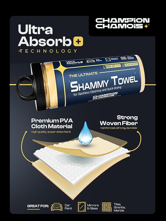 Premium Large Shammy Towel for Car - 2pk (26"x17") - Super Absorbent, Streak-Free, Lint-Free, Scratch-Free Cloth for Cars, Boats, Home - Long Lasting Synthetic Leather Chamois + Hanging Storage Tubes